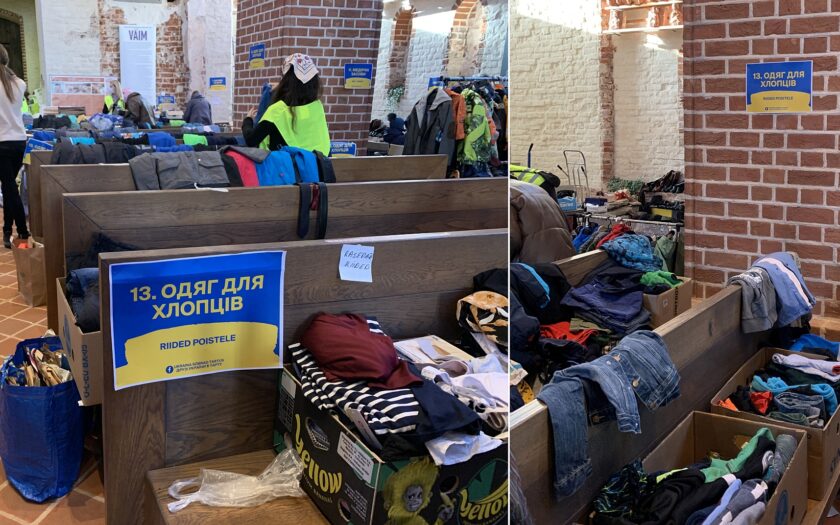 Центр раздачи вещей для помощи украинцам в церкви Яани